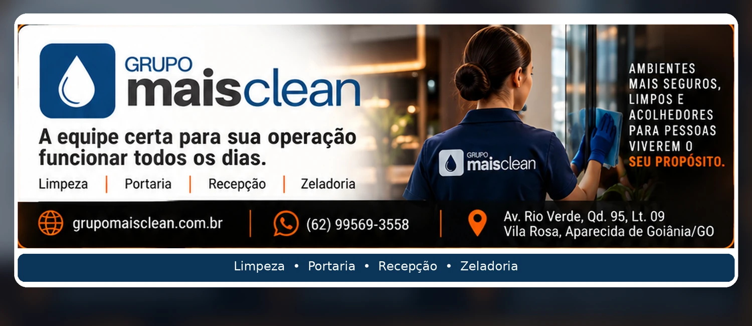 Banner institucional do Grupo Mais Clean com serviços de limpeza, portaria e zeladoria